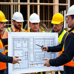 **

A Tool Box Meeting (TBM) in progress at a construction site. Workers in hard hats and safety vests are gathered around a blueprint, discussing safety procedures before starting work. The foreman is pointing to a specific area on the plan, emphasizing potential hazards. Safety signs and equipment are visible in the background. The atmosphere is collaborative and focused on safety.

**