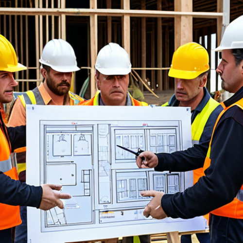 Home 14 **
A Tool Box Meeting (TBM) in progress at a construction site. Workers in hard hats and safety vests are gathered around a blueprint, discussing safety procedures before starting work. The foreman is pointing to a specific area on the plan, emphasizing potential hazards. Safety signs and equipment are visible in the background. The atmosphere is collaborative and focused on safety.
**