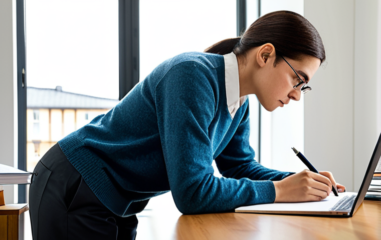 A focused professional, gender-neutral, wearing a modest, smart casual sweater and trousers, is deeply concentrated while studying at a tidy, well-lit desk. They are surrounded by neatly organized books, an open laptop displaying legal texts, and a detailed notebook with a pen, illustrating diligent preparation. The background is a clean, modern home office with soft, natural lighting. The scene conveys a sense of quiet determination and intellectual pursuit. safe for work, appropriate content, fully clothed, professional, perfect anatomy, correct proportions, natural pose, well-formed hands, proper finger count, natural body proportions, professional photography, high quality.