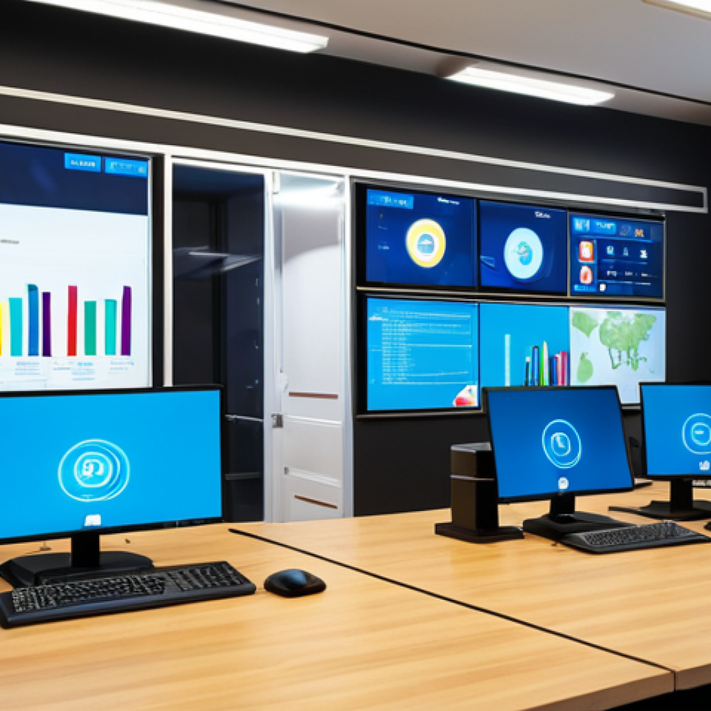 Smart Government Office**
"A modern, brightly lit government office space showcasing digital displays and employees working efficiently on computers, fully clothed in professional attire, depicting a smart work environment, safe for work, appropriate content, perfect anatomy, natural proportions, professional setting, well-formed hands, proper finger count, family-friendly"
**