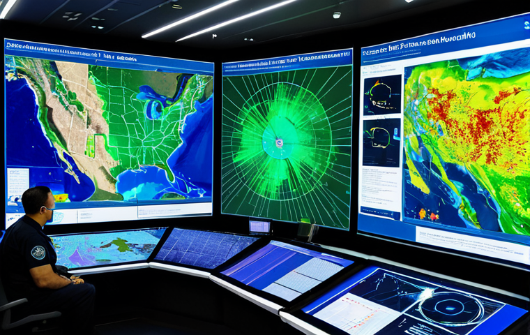 행정안전 분야 창업 아이디어 - AI-Powered Disaster Prediction Control Center**
A futuristic, high-tech disaster management control ...