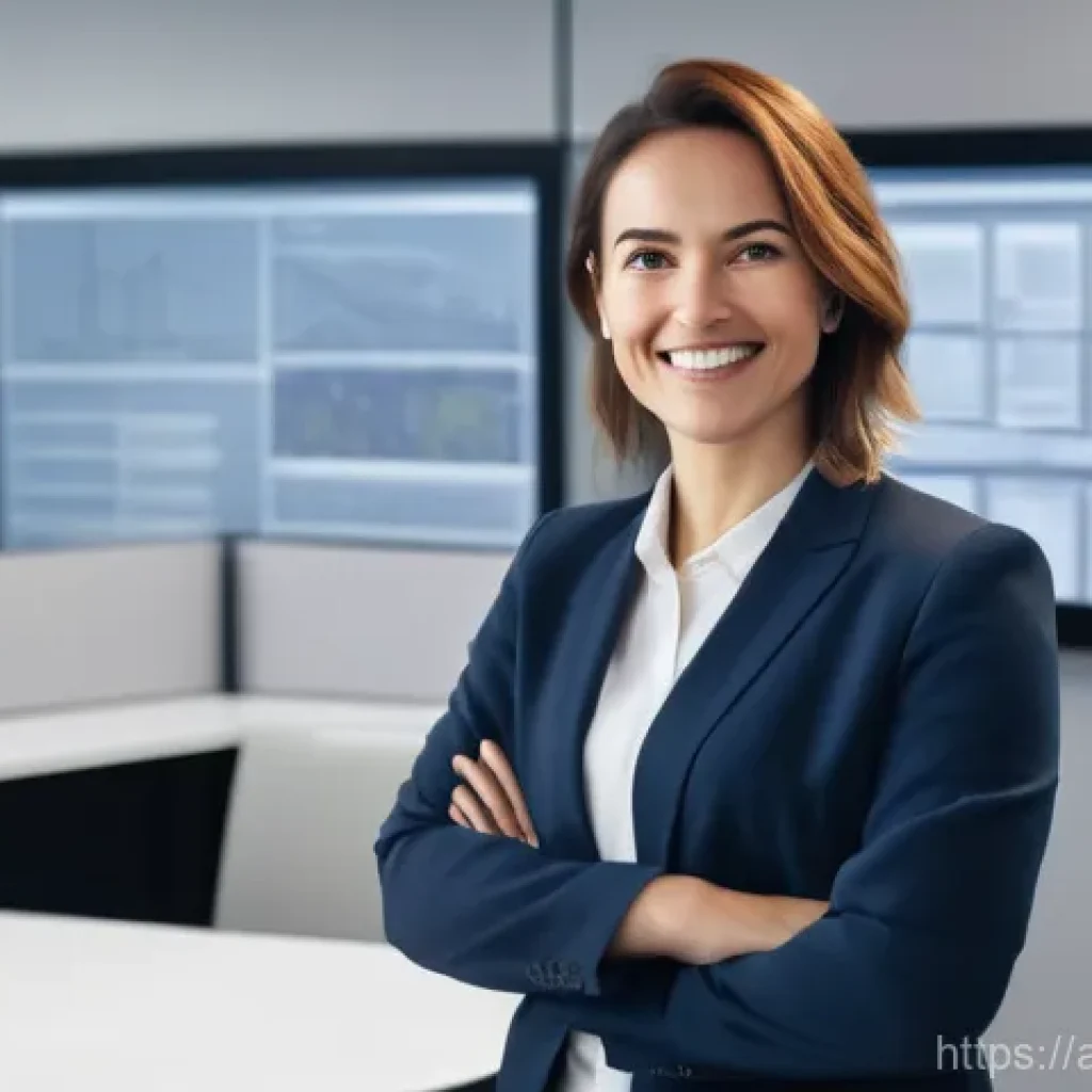 행정안전 자격 취득 후기 모음 - A confident woman in her late 30s, dressed in smart business casual attire, stands at a clear transi...