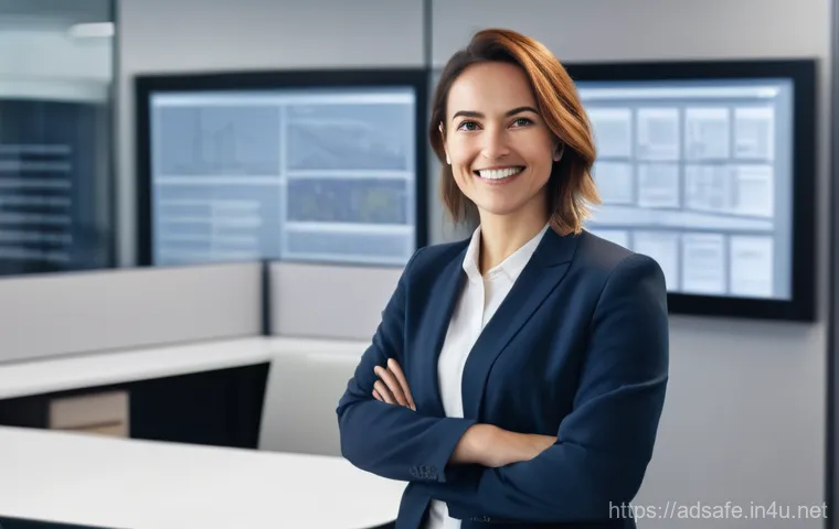 행정안전 자격 취득 후기 모음 - A confident woman in her late 30s, dressed in smart business casual attire, stands at a clear transi...