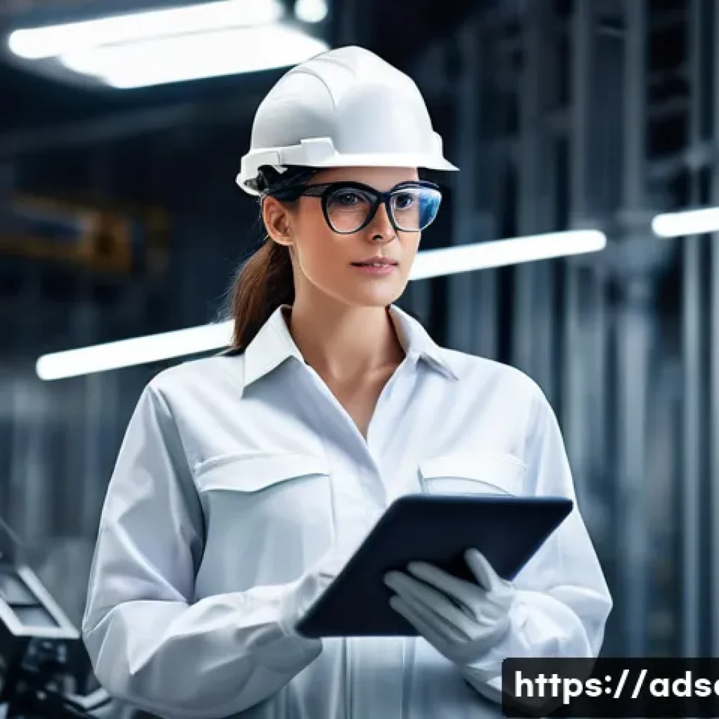 행정안전 분야에서의 커리어 패스 - A highly competent female industrial safety expert, mid-30s, with a determined expression, wearing a...