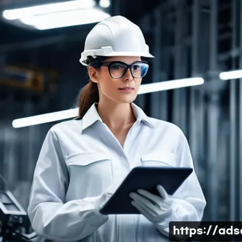 Home 26 행정안전 분야에서의 커리어 패스 - A highly competent female industrial safety expert, mid-30s, with a determined expression, wearing a...