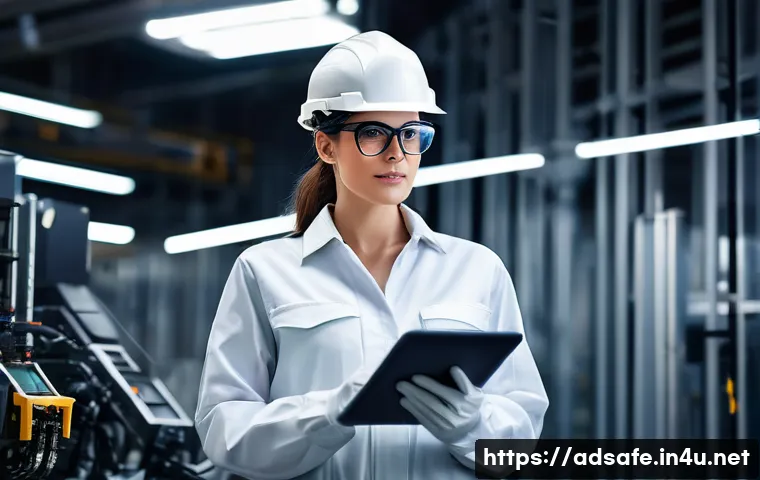 행정안전 분야에서의 커리어 패스 - A highly competent female industrial safety expert, mid-30s, with a determined expression, wearing a...